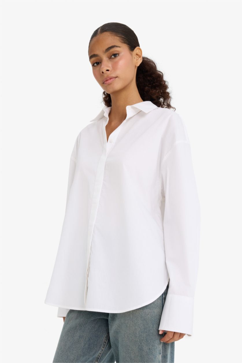 WOMAN White Oversize Fit Shirt Collar Poplin Long Sleeve Shirt