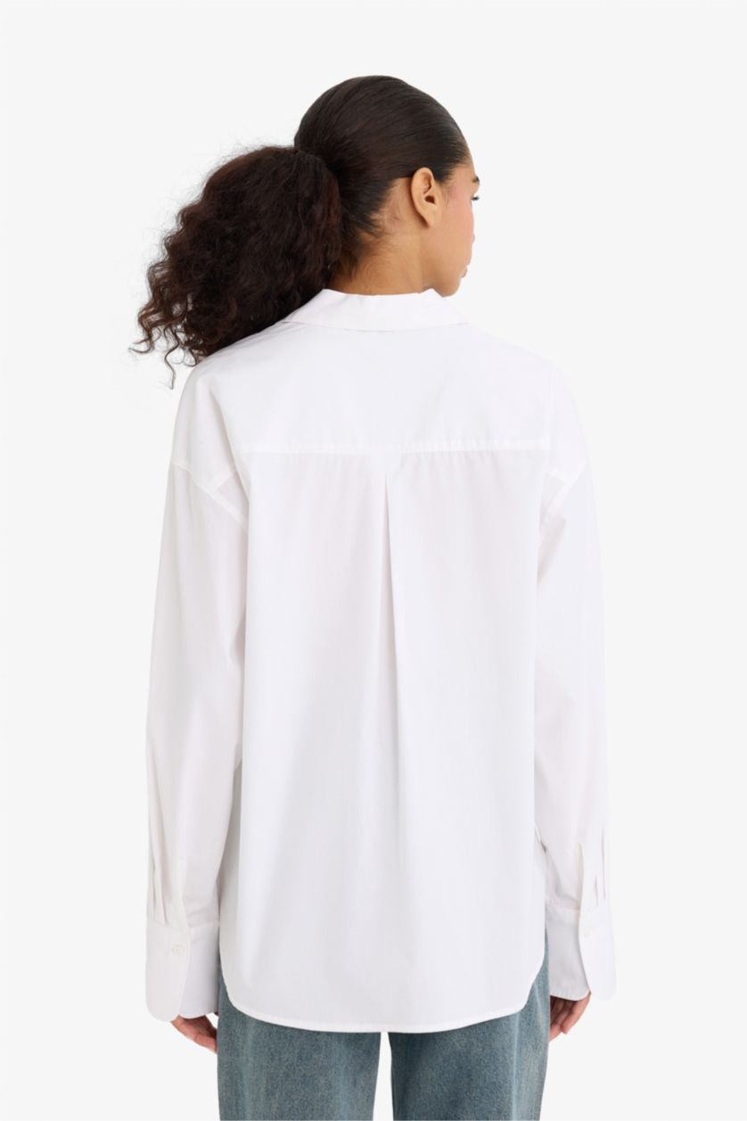 WOMAN White Oversize Fit Shirt Collar Poplin Long Sleeve Shirt