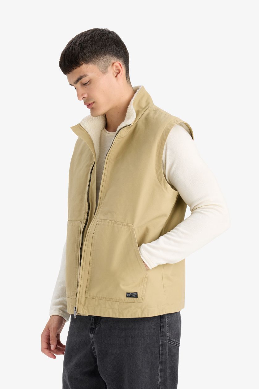 Erkek Bej %100 Pamuk Fermuarlı Yelek