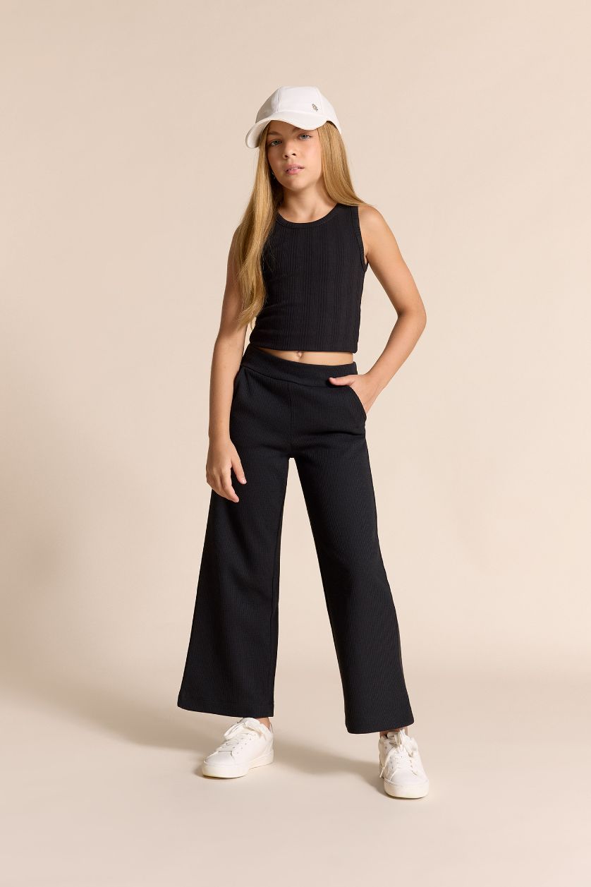 Kız Çocuk - Genç Kız Siyah Kız Çocuk Wide Leg Waffle Geniş Paça Pantolon