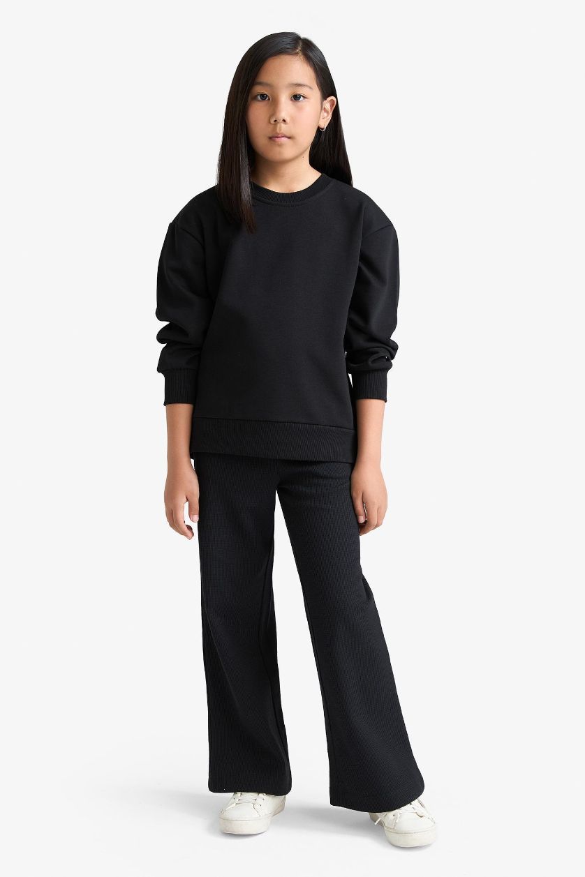 Kız Çocuk - Genç Kız Siyah Kız Çocuk Wide Leg Waffle Geniş Paça Pantolon