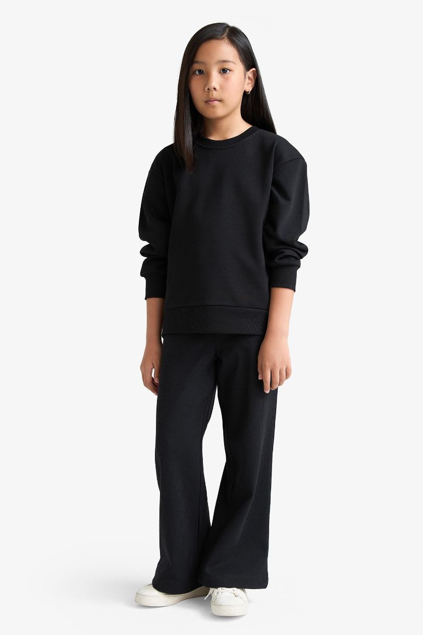 Kız Çocuk - Genç Kız Siyah Kız Çocuk Wide Leg Waffle Geniş Paça Pantolon