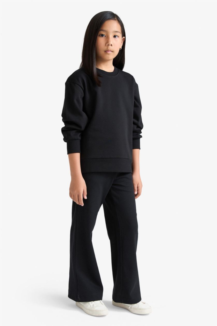 Kız Çocuk - Genç Kız Siyah Kız Çocuk Wide Leg Waffle Geniş Paça Pantolon