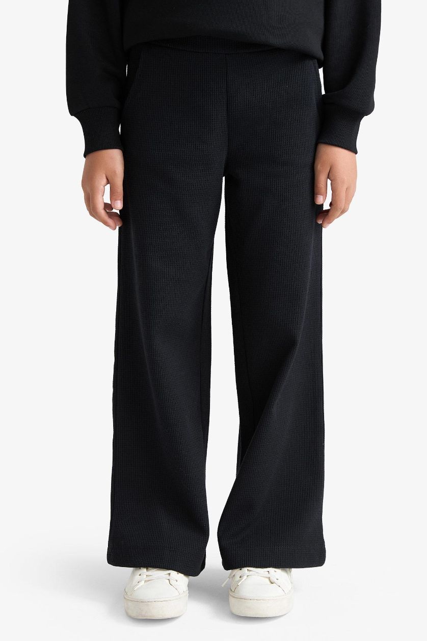 Kız Çocuk - Genç Kız Siyah Kız Çocuk Wide Leg Waffle Geniş Paça Pantolon