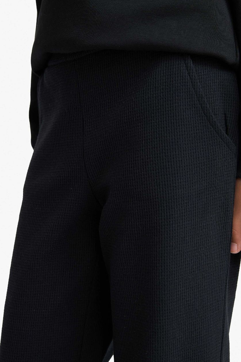 Kız Çocuk - Genç Kız Siyah Kız Çocuk Wide Leg Waffle Geniş Paça Pantolon