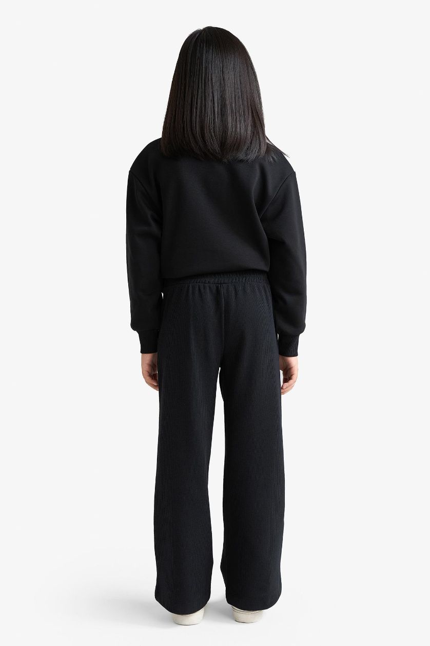 Kız Çocuk - Genç Kız Siyah Kız Çocuk Wide Leg Waffle Geniş Paça Pantolon