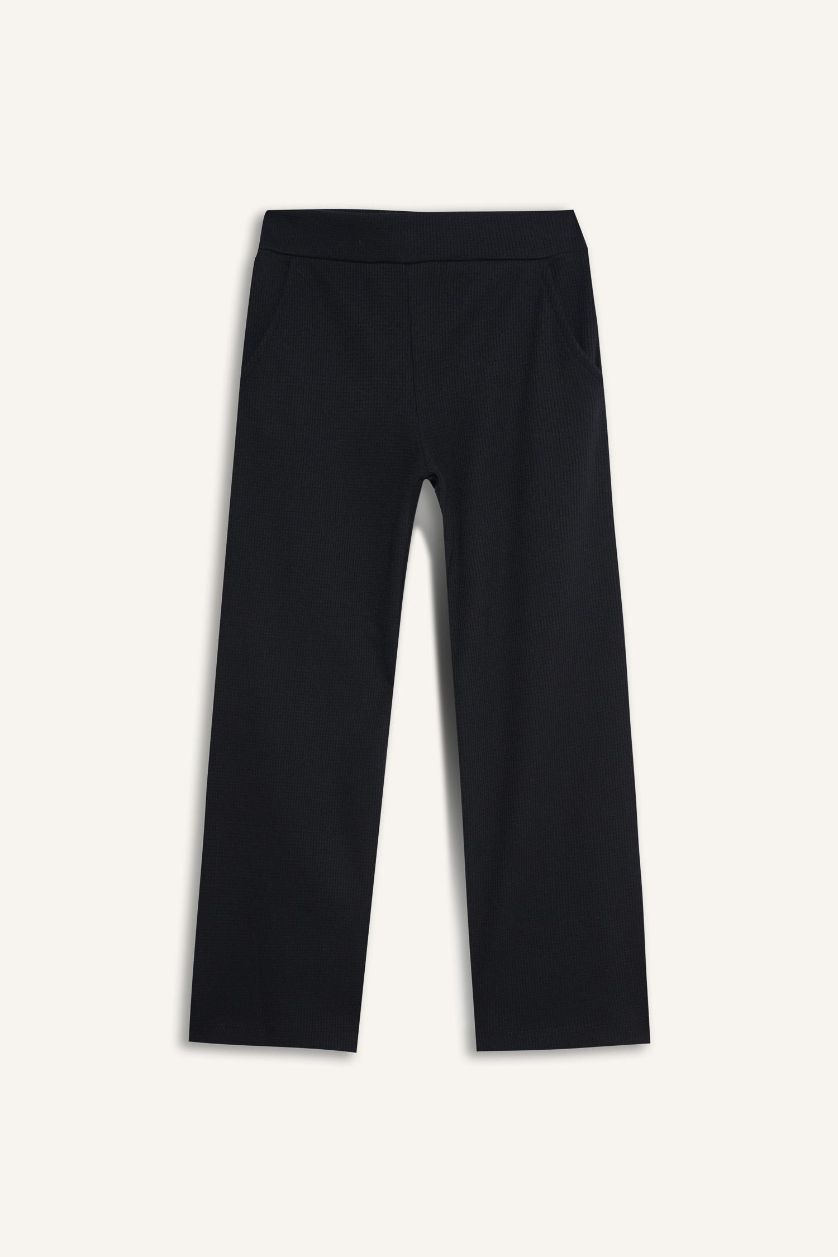 Kız Çocuk - Genç Kız Siyah Kız Çocuk Wide Leg Waffle Geniş Paça Pantolon