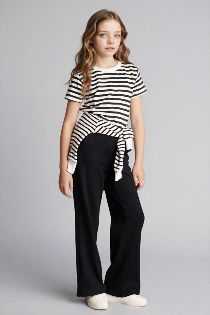 بنات أسود بنطرون بناتي وافل وايد ليج برجل واسع