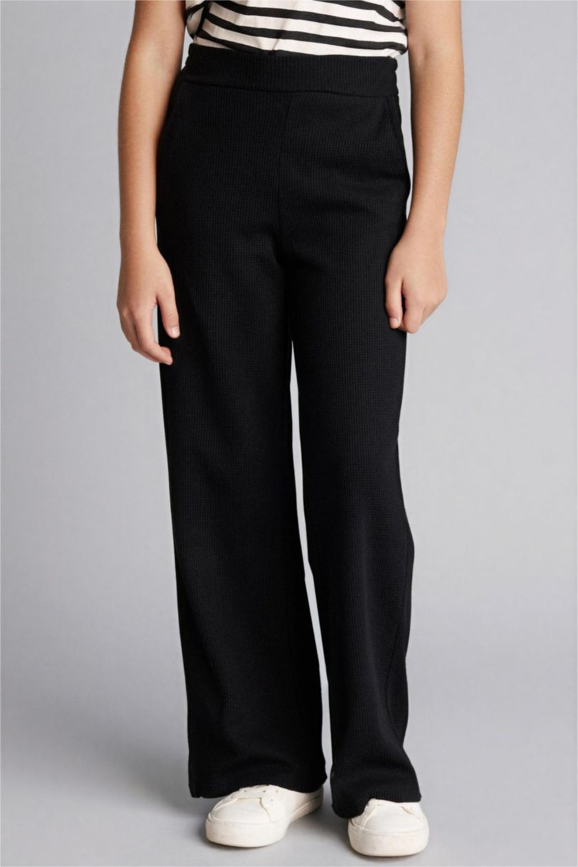 بنات أسود بنطرون بناتي وافل وايد ليج برجل واسع