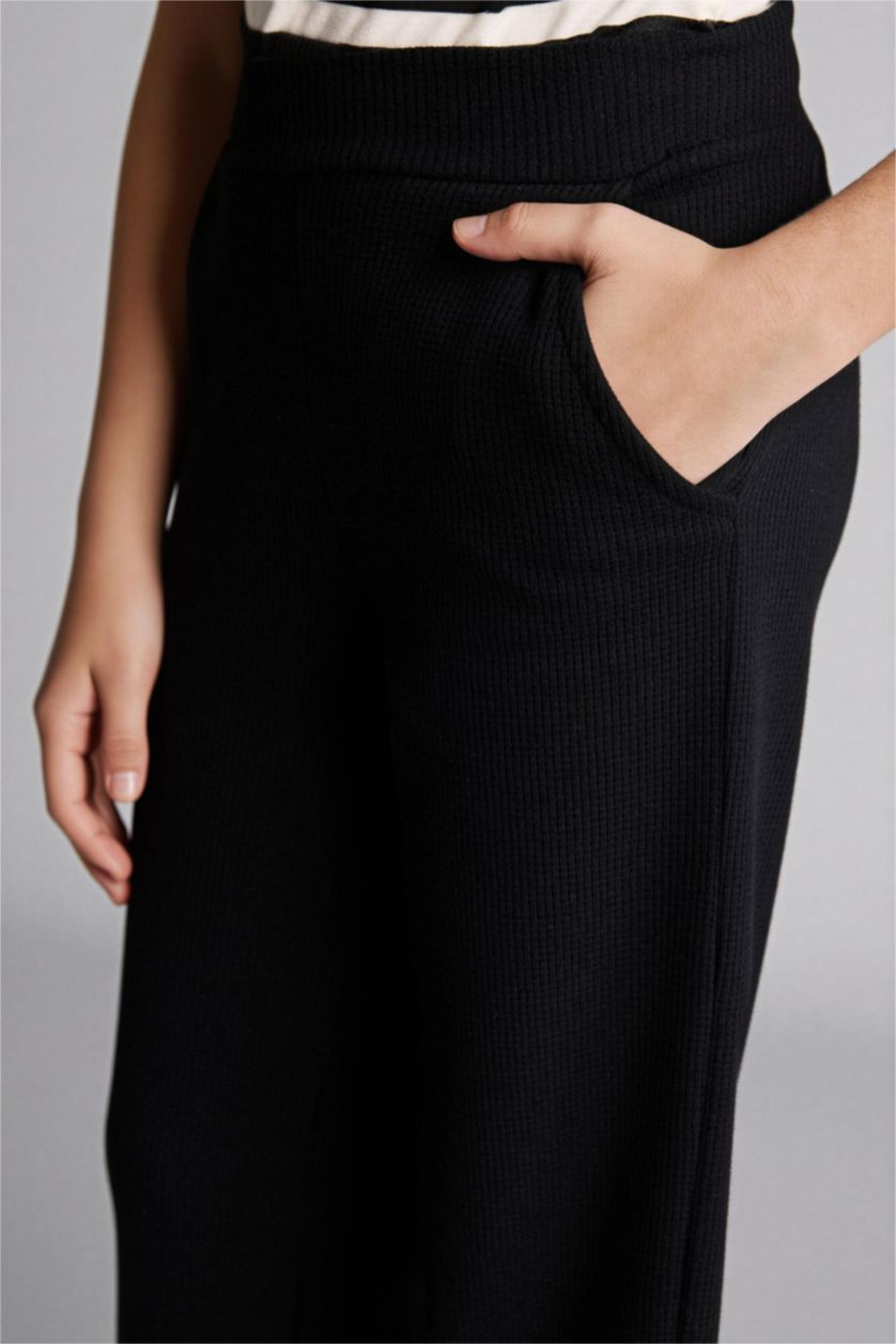 بنات أسود بنطرون بناتي وافل وايد ليج برجل واسع