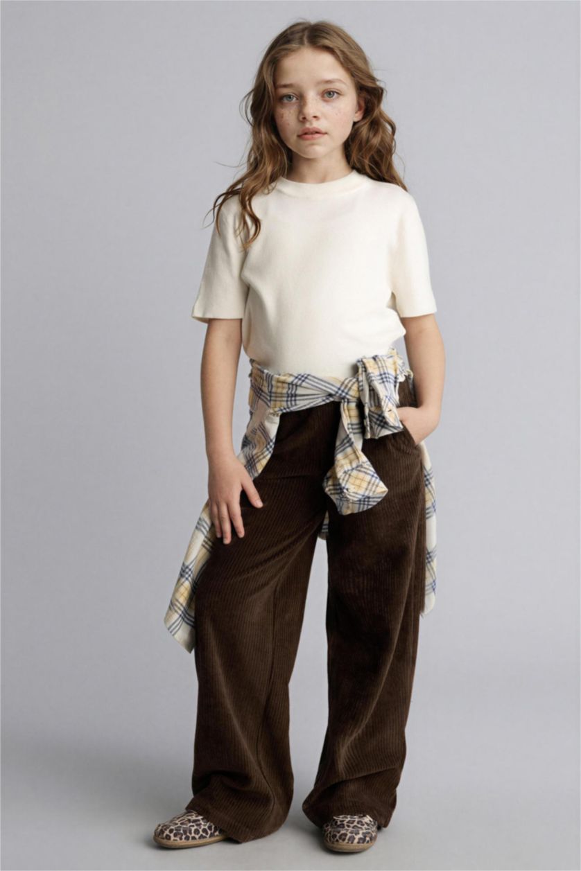 Kız Çocuk - Genç Kız Kahve Wide Leg Fitilli Kadife Pantolon Kız Çocuk