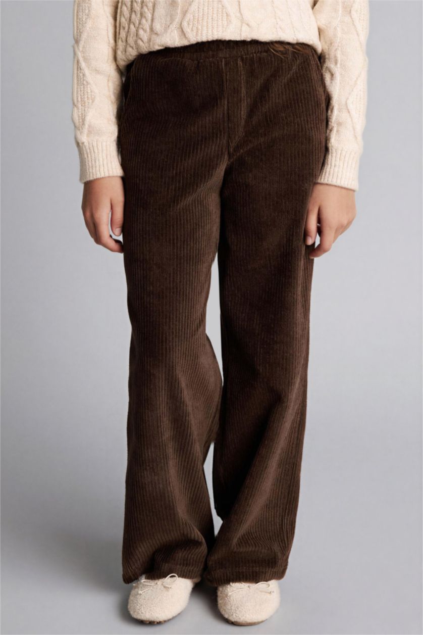 Kız Çocuk - Genç Kız Kahve Wide Leg Fitilli Kadife Pantolon Kız Çocuk