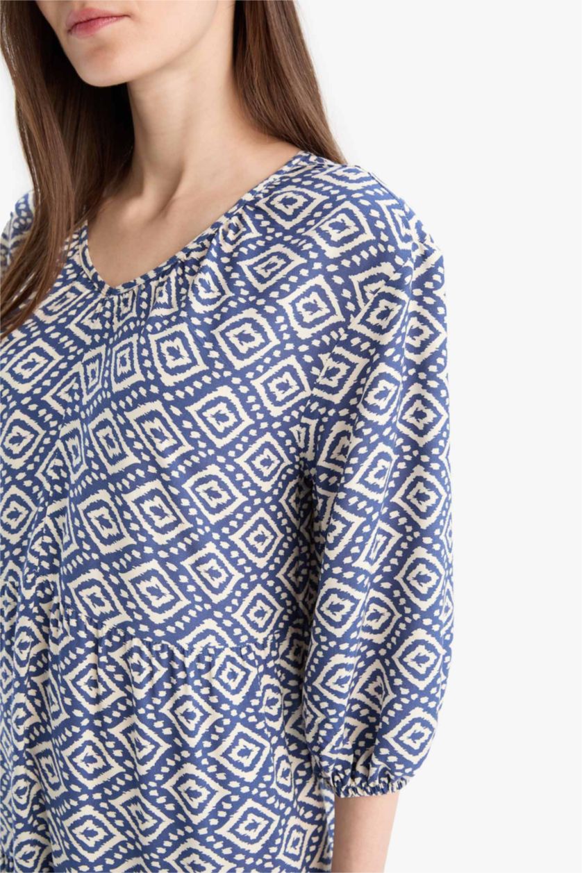 Kadın İndigo Regular Fit Desenli  V Yaka Uzun Kollu Maxi Elbise