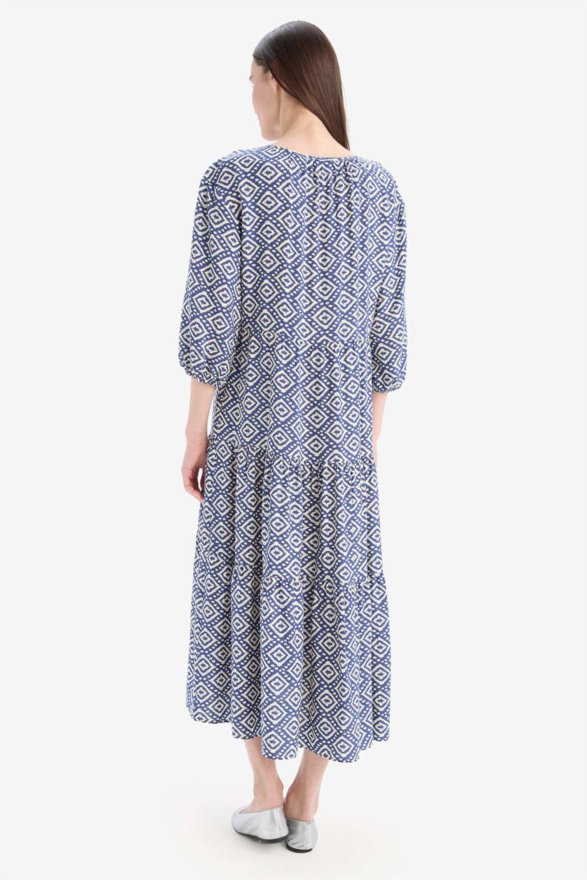 Kadın İndigo Regular Fit Desenli  V Yaka Uzun Kollu Maxi Elbise