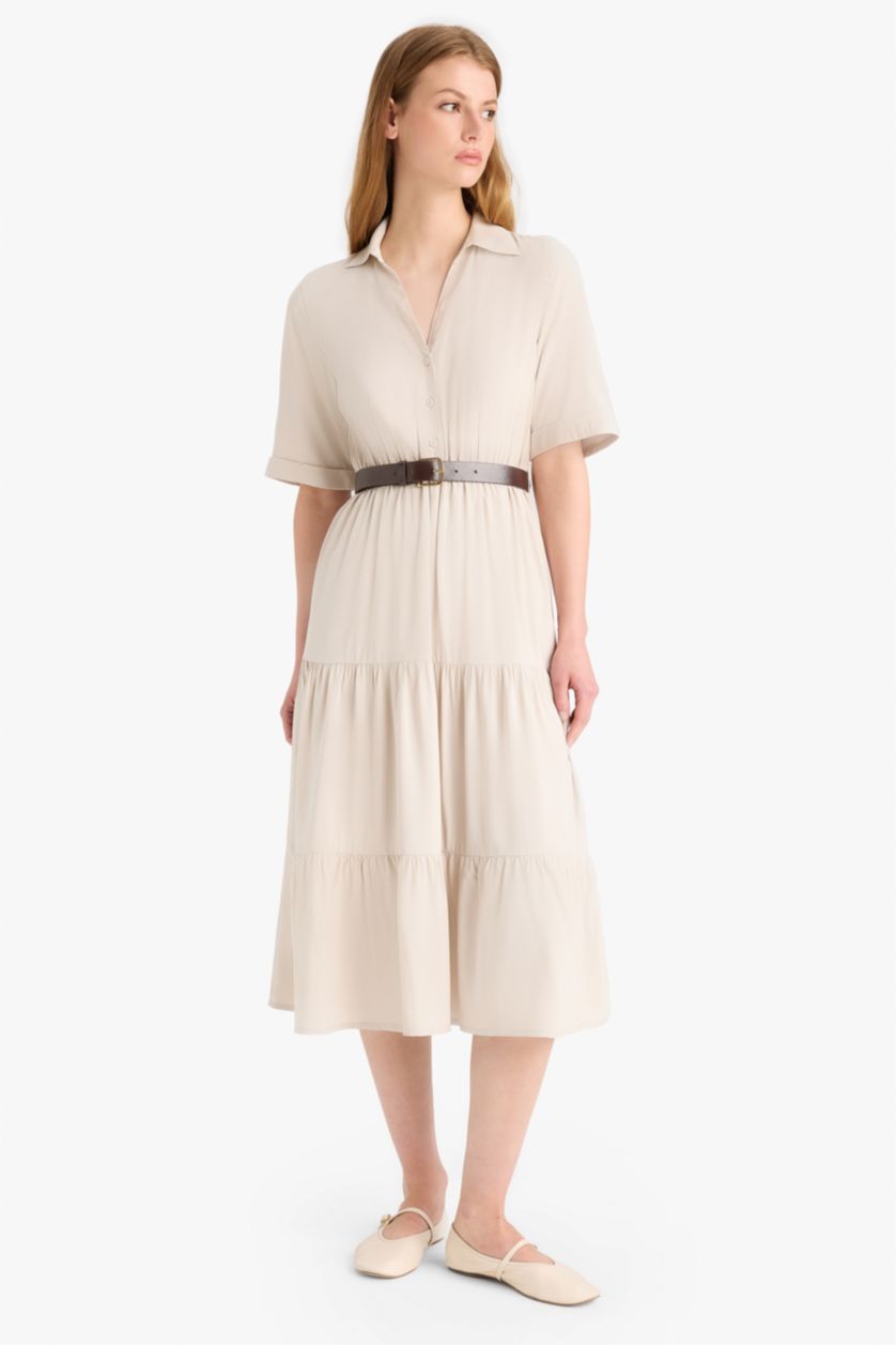 Женщины Бежевый Платье с отложным воротником и коротким рукавом миди