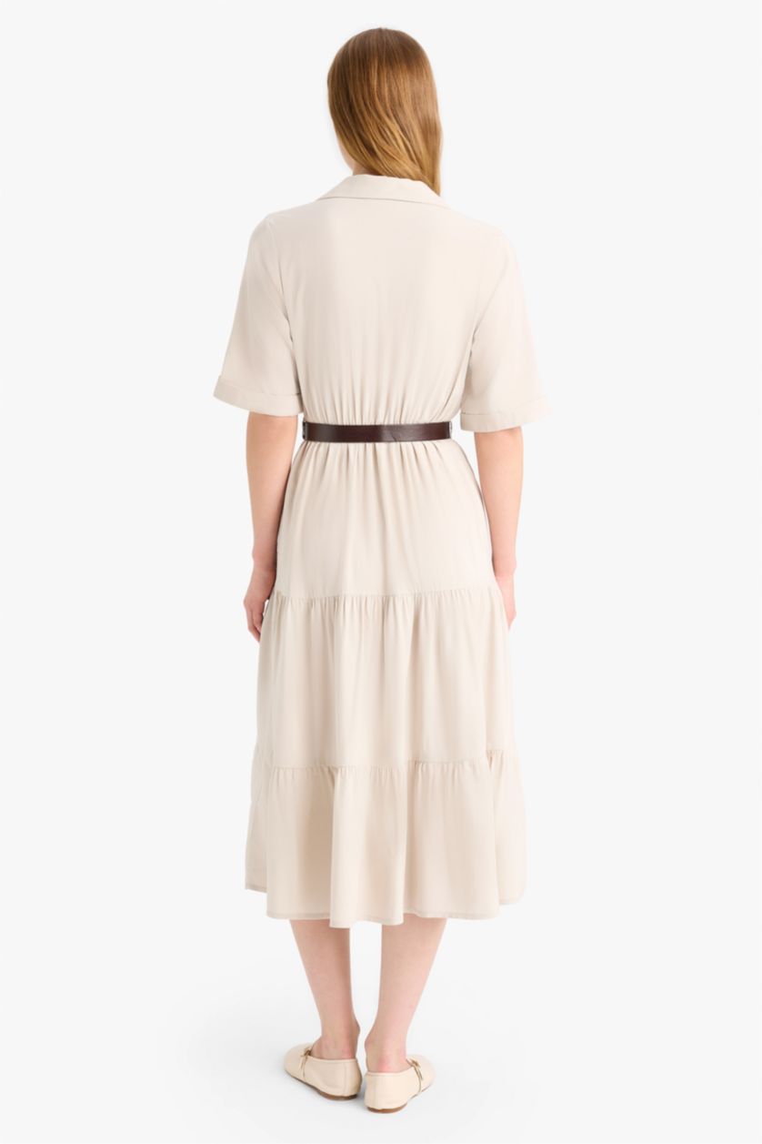 Женщины Бежевый Платье с отложным воротником и коротким рукавом миди
