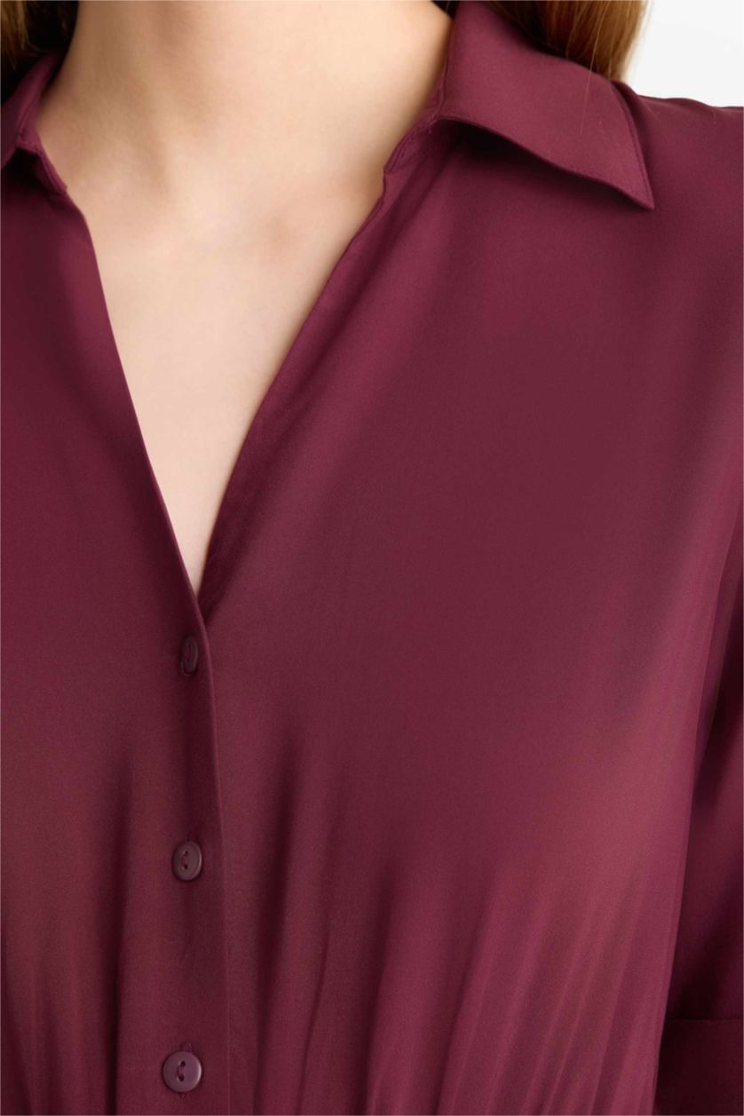 Женщины Бордовый Платье миди с рубашечным воротником и коротким рукавом