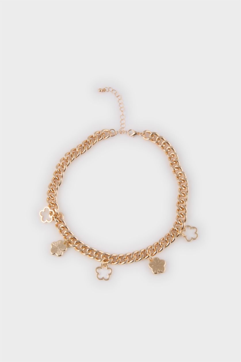 Kadın Beyaz Kadın Beyaz Çiçekli Kalın Zincir Gold Kolye