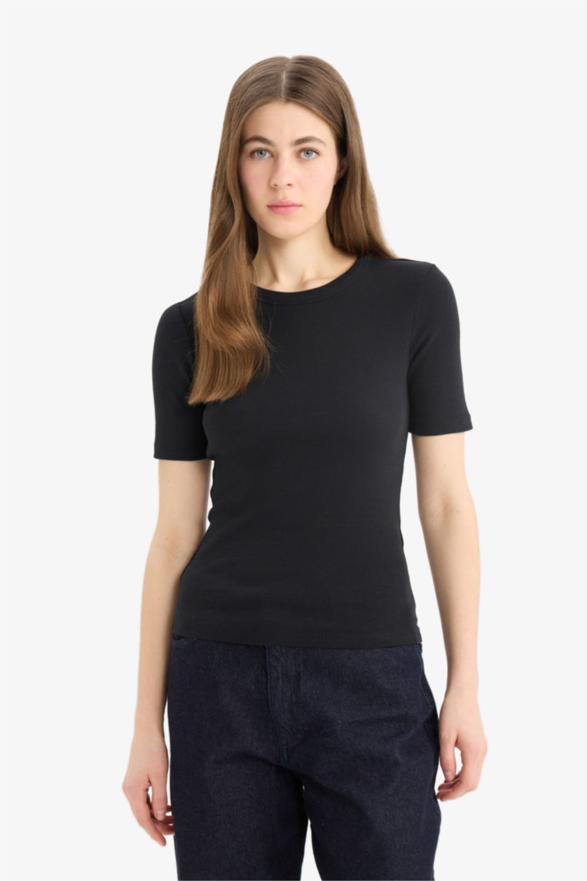FEMME Noir Slim Fit Crew Neck Basic Corduroy T-Shirt
