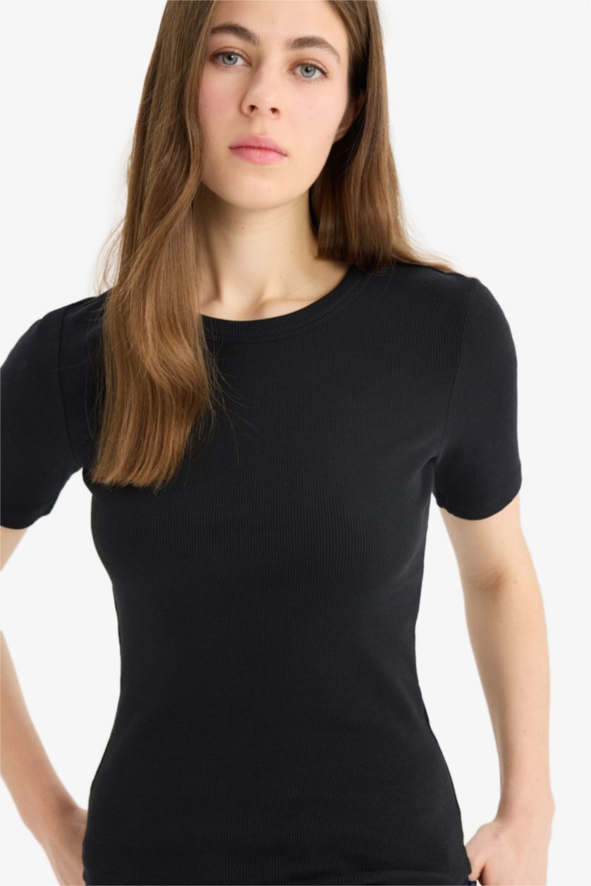 FEMME Noir Slim Fit Crew Neck Basic Corduroy T-Shirt