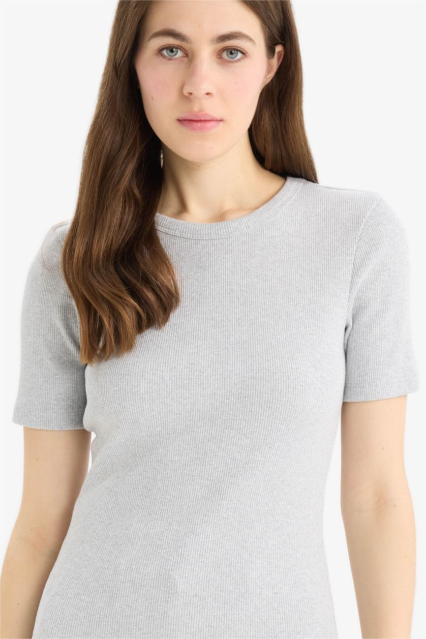 WOMAN Grey Melange Slim Fit Crew Neck Basic Corduroy T-Shirt