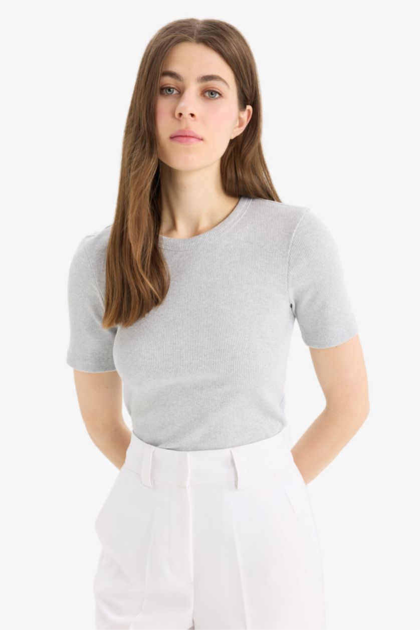 WOMAN Grey Melange Slim Fit Crew Neck Basic Corduroy T-Shirt