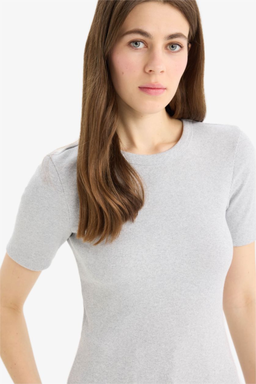 WOMAN Grey Melange Slim Fit Crew Neck Basic Corduroy T-Shirt