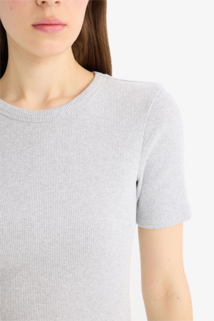 WOMAN Grey Melange Slim Fit Crew Neck Basic Corduroy T-Shirt