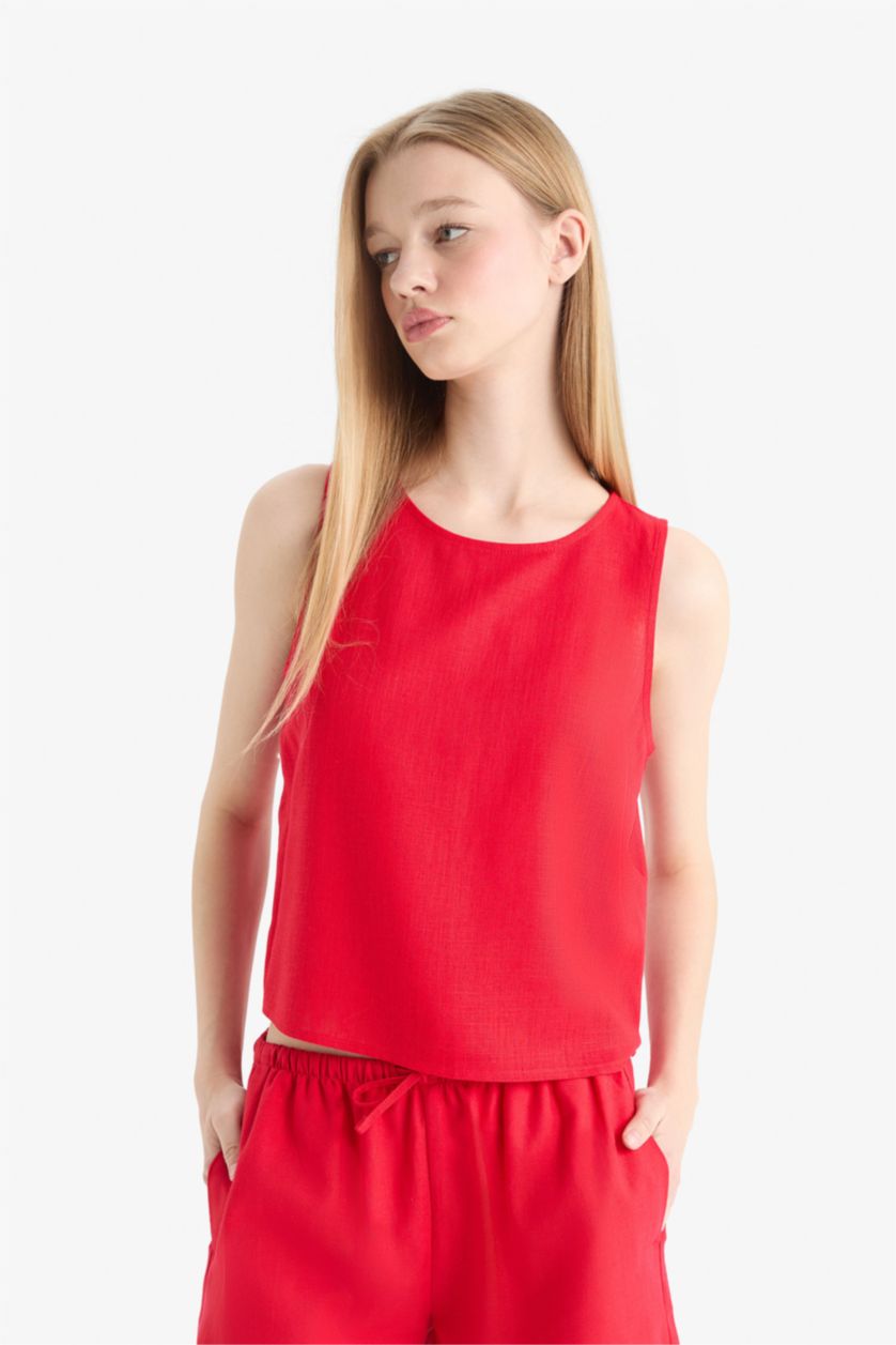 Женщины Красный Блузка Coool с Круглым Вырезом Без Рукавов и Смесью Льна