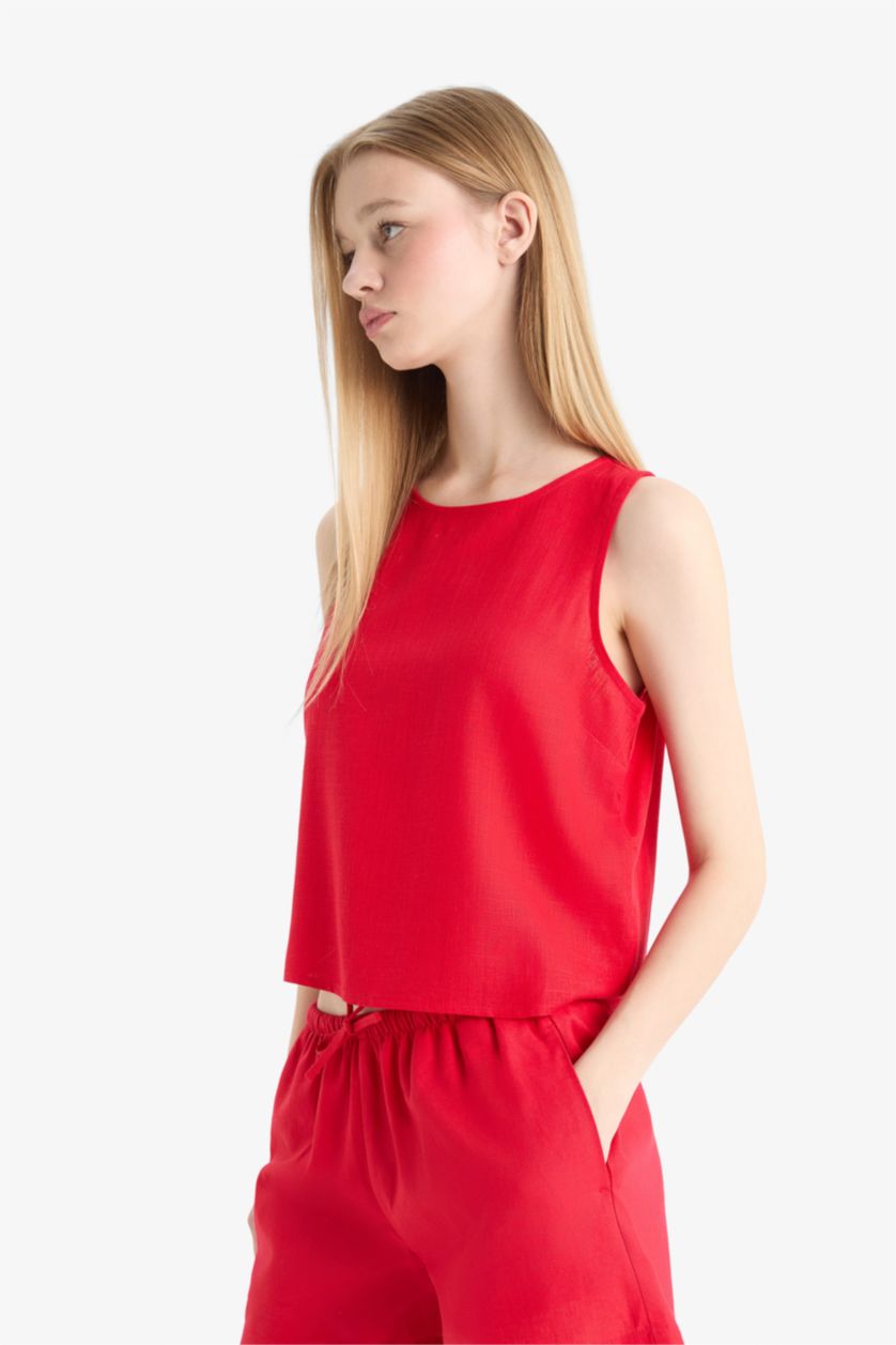 Женщины Красный Блузка Coool с Круглым Вырезом Без Рукавов и Смесью Льна