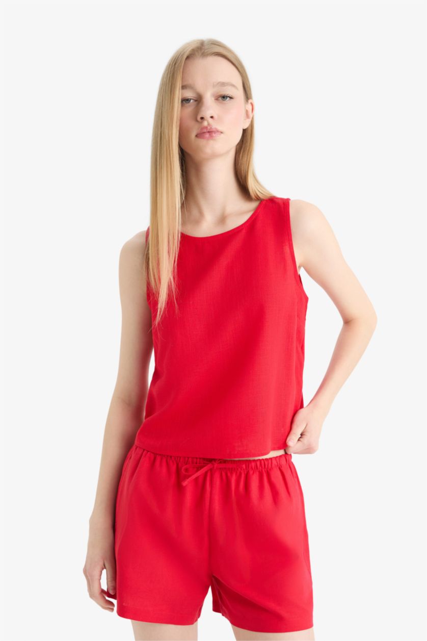 Женщины Красный Блузка Coool с Круглым Вырезом Без Рукавов и Смесью Льна