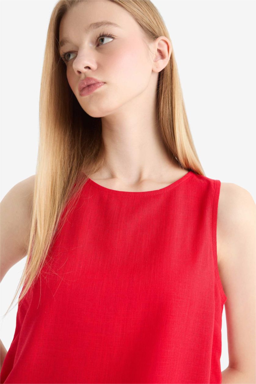 Женщины Красный Блузка Coool с Круглым Вырезом Без Рукавов и Смесью Льна