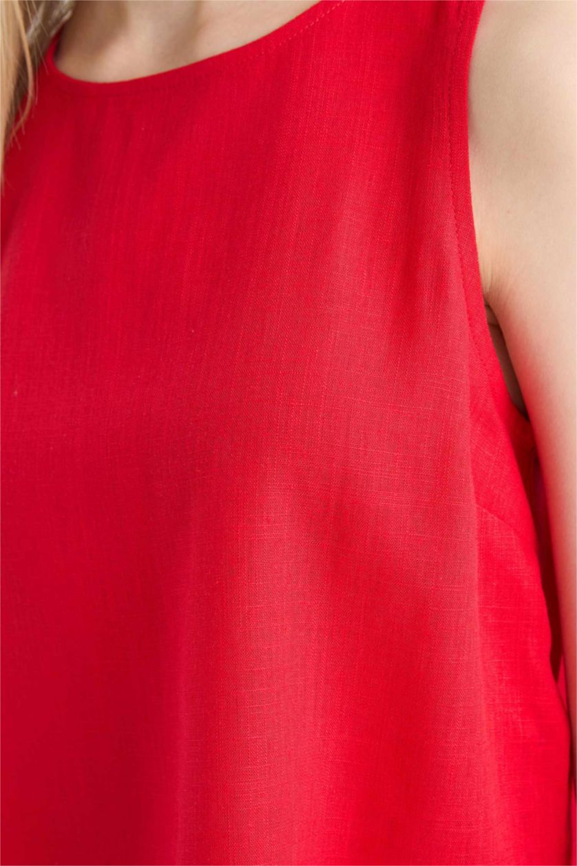 Женщины Красный Блузка Coool с Круглым Вырезом Без Рукавов и Смесью Льна