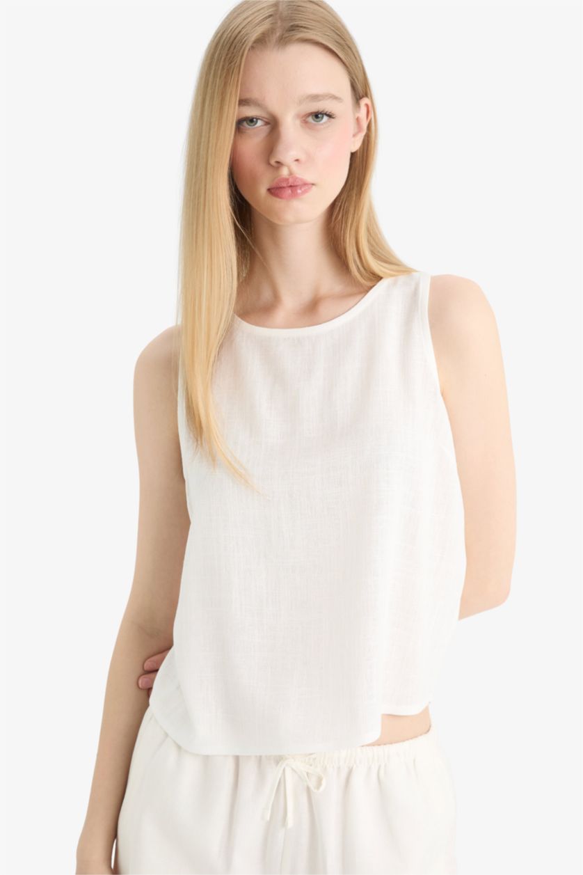 Женщины Кремовый Блузка Coool с Круглым Вырезом Без Рукавов и Смесью Льна