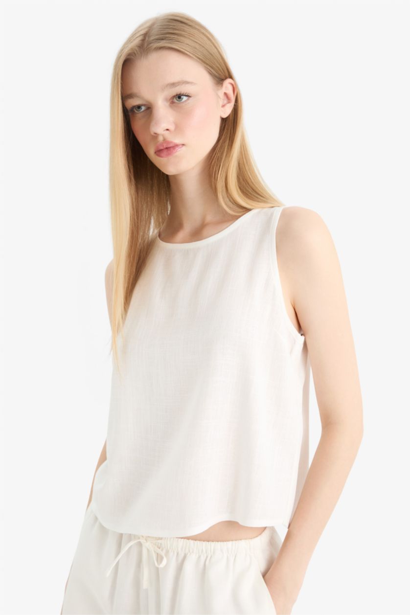 Женщины Кремовый Блузка Coool с Круглым Вырезом Без Рукавов и Смесью Льна