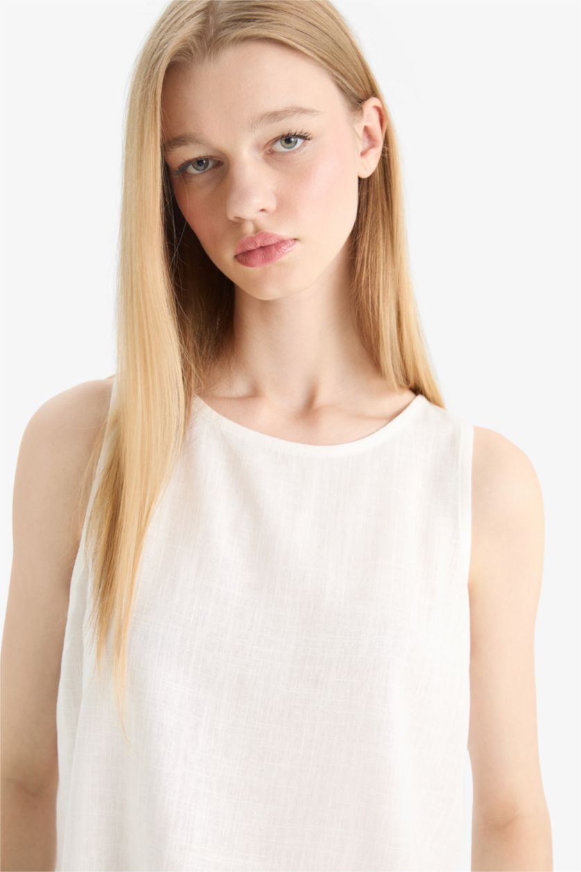 Женщины Кремовый Блузка Coool с Круглым Вырезом Без Рукавов и Смесью Льна