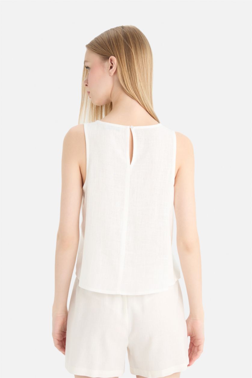 Женщины Кремовый Блузка Coool с Круглым Вырезом Без Рукавов и Смесью Льна
