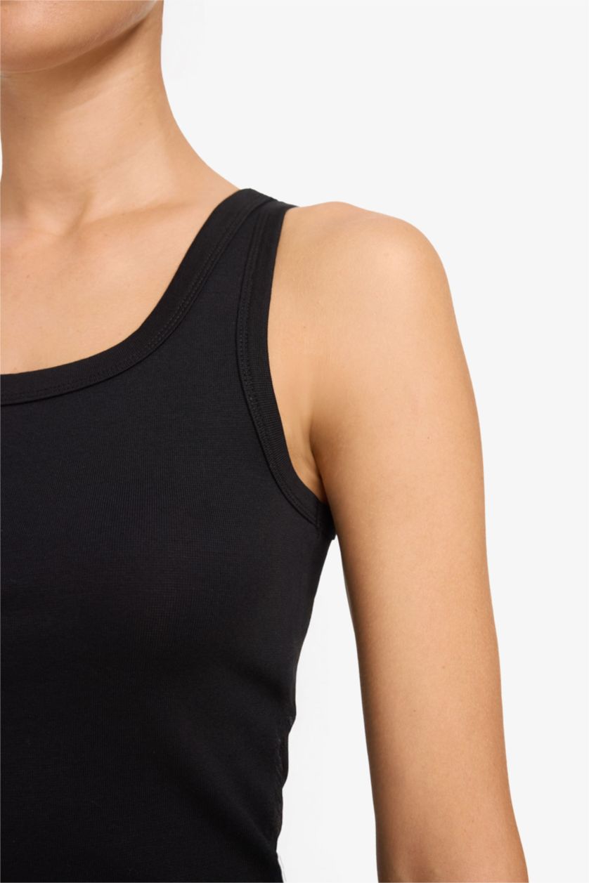 حريمي أسود تانك توب بيزك سادة مضلع سليم فيت بياقة مدورة