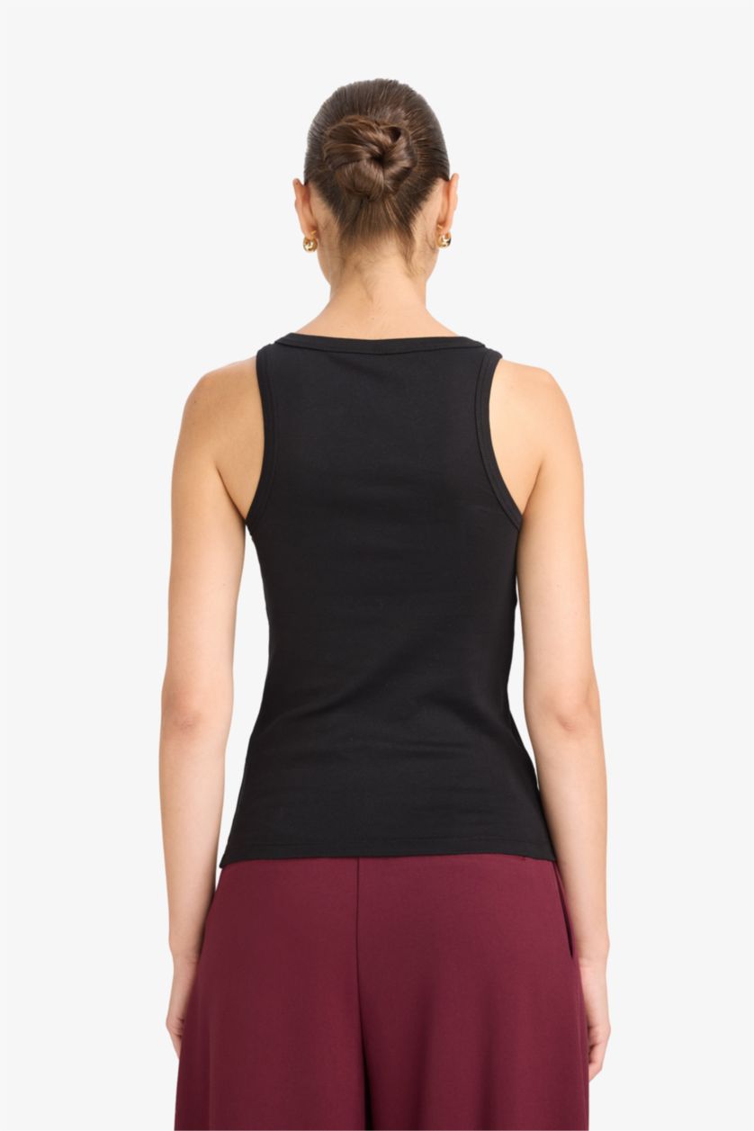 حريمي أسود تانك توب بيزك سادة مضلع سليم فيت بياقة مدورة