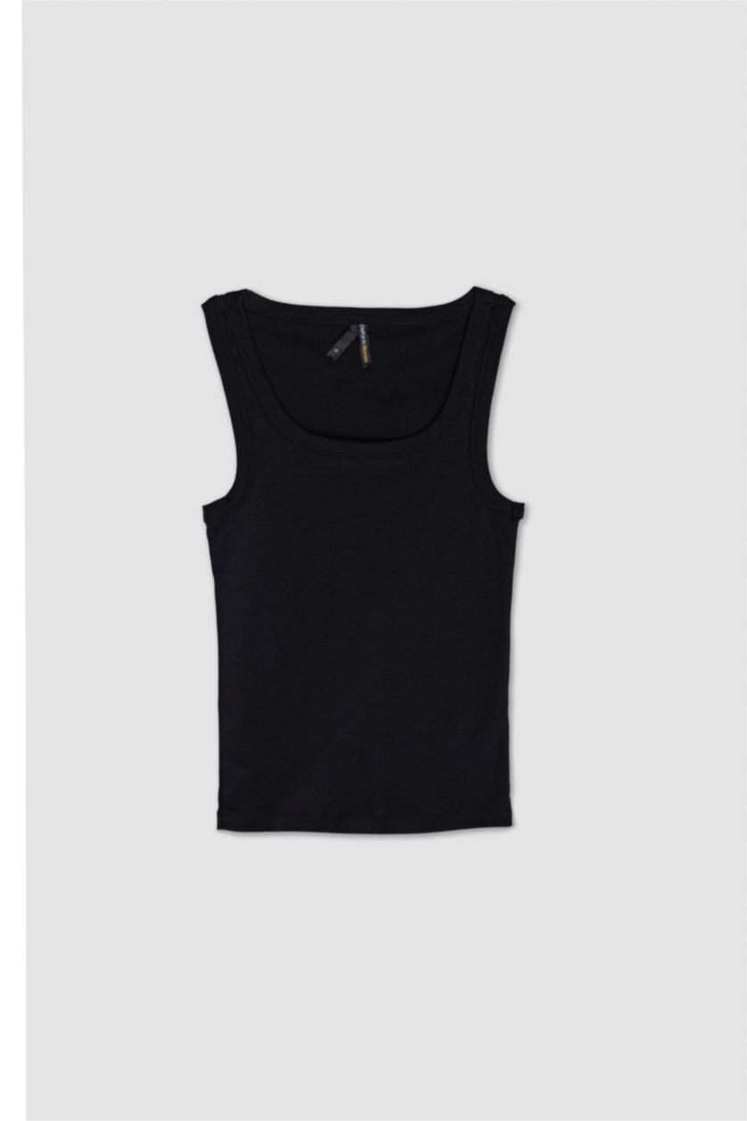 حريمي أسود تانك توب بيزك سادة مضلع سليم فيت بياقة مدورة