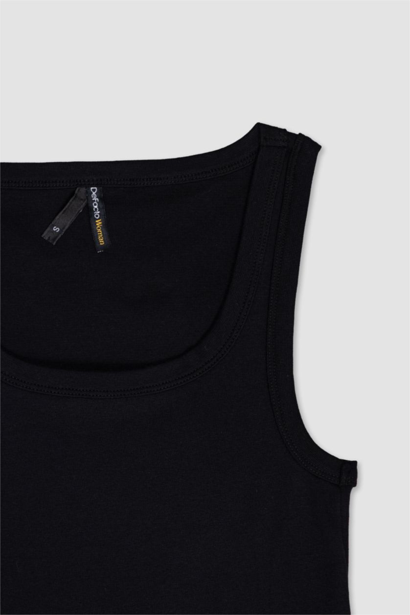 حريمي أسود تانك توب بيزك سادة مضلع سليم فيت بياقة مدورة