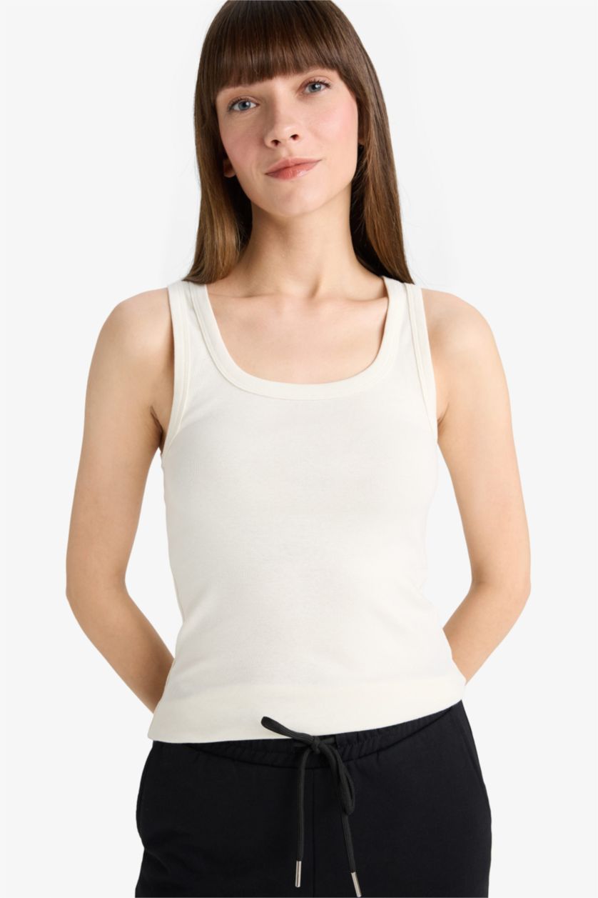 WOMAN Ecru Slim Fit Basic Camisole Round Collar Tank Top