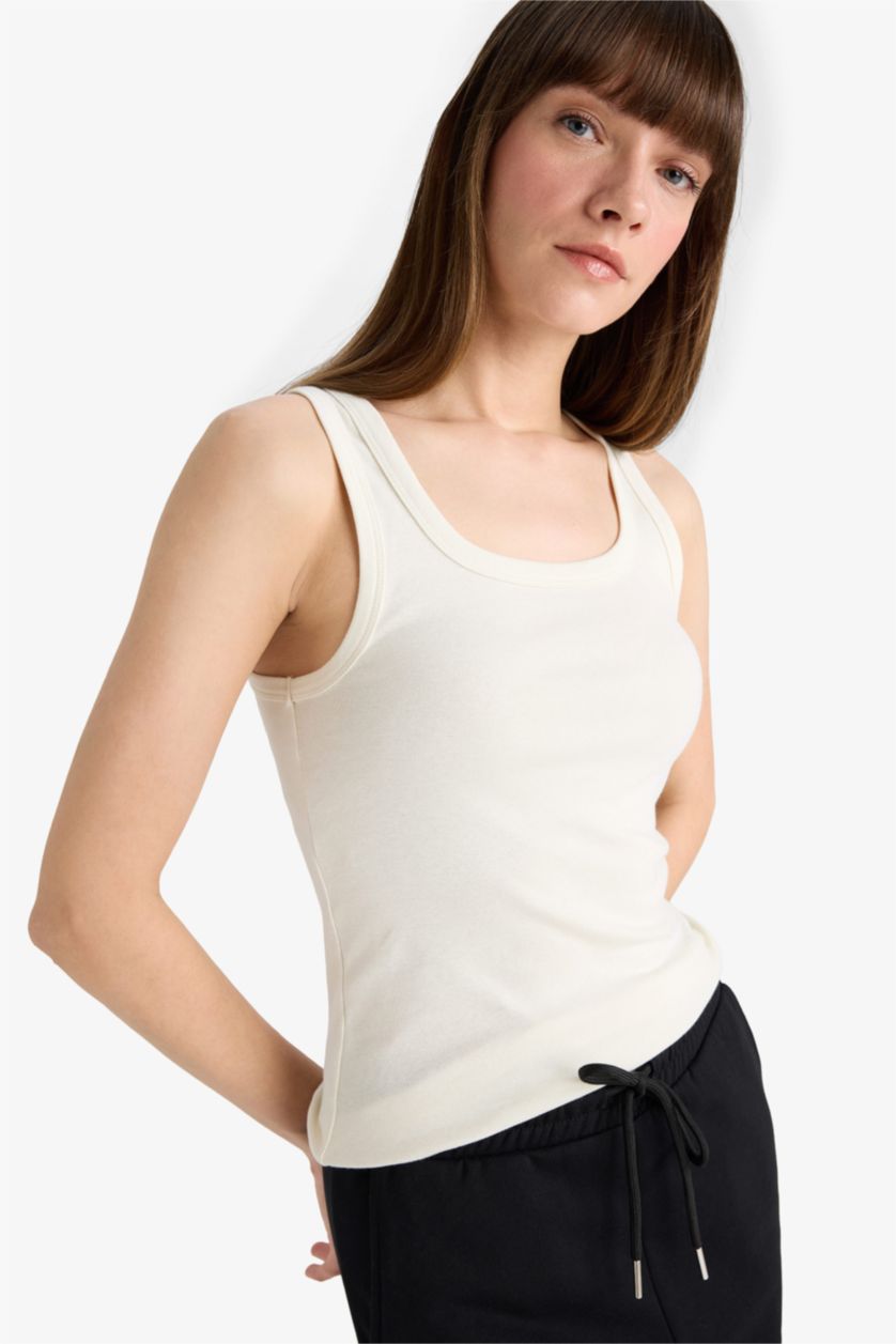 WOMAN Ecru Slim Fit Basic Camisole Round Collar Tank Top