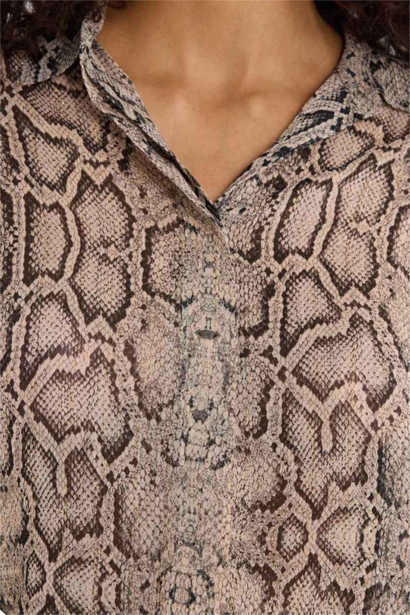 نساء أسود قميص كم طويل شيفون مطبوعة قصة عادية بياقة قميص