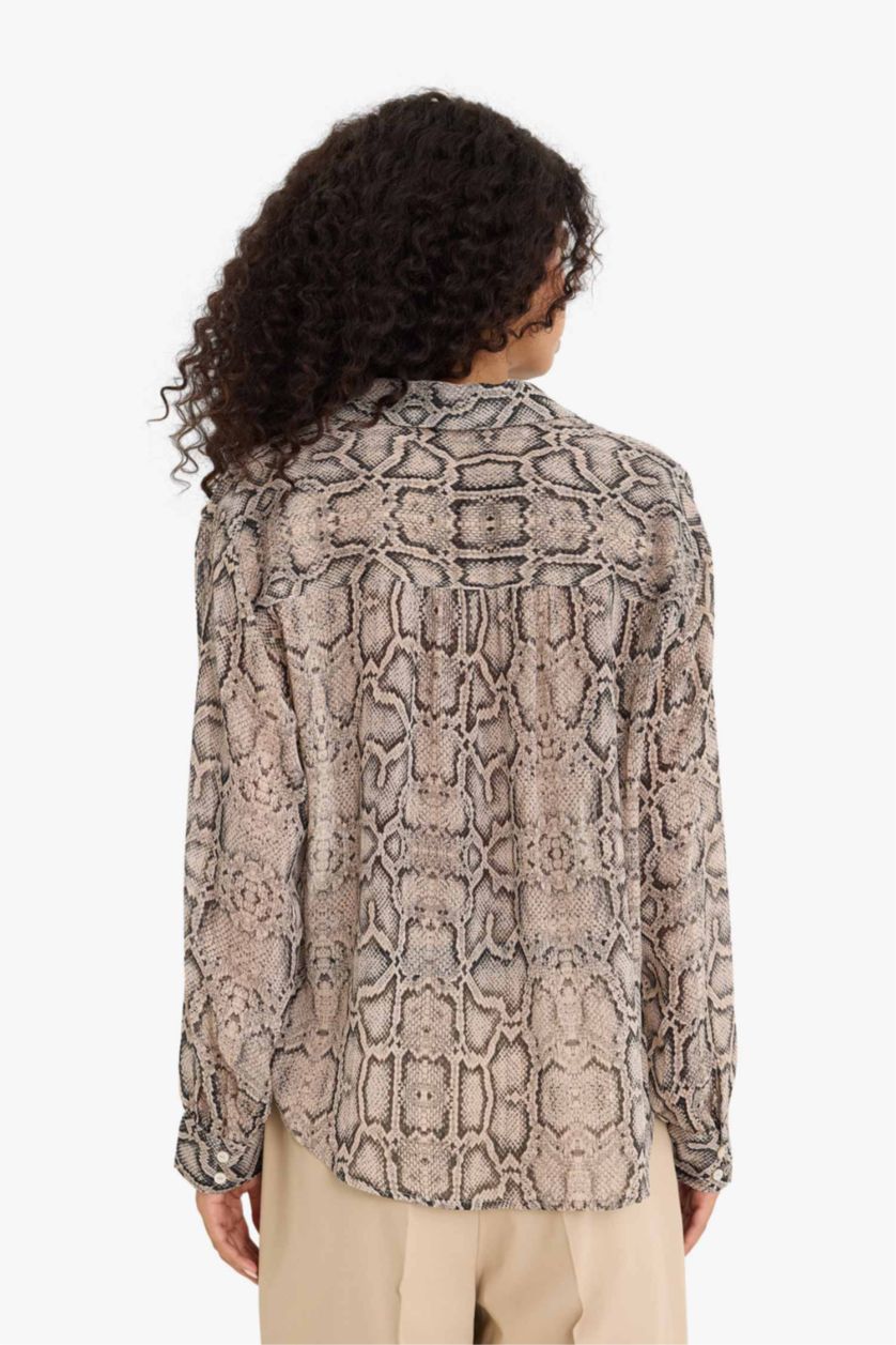 نساء أسود قميص كم طويل شيفون مطبوعة قصة عادية بياقة قميص