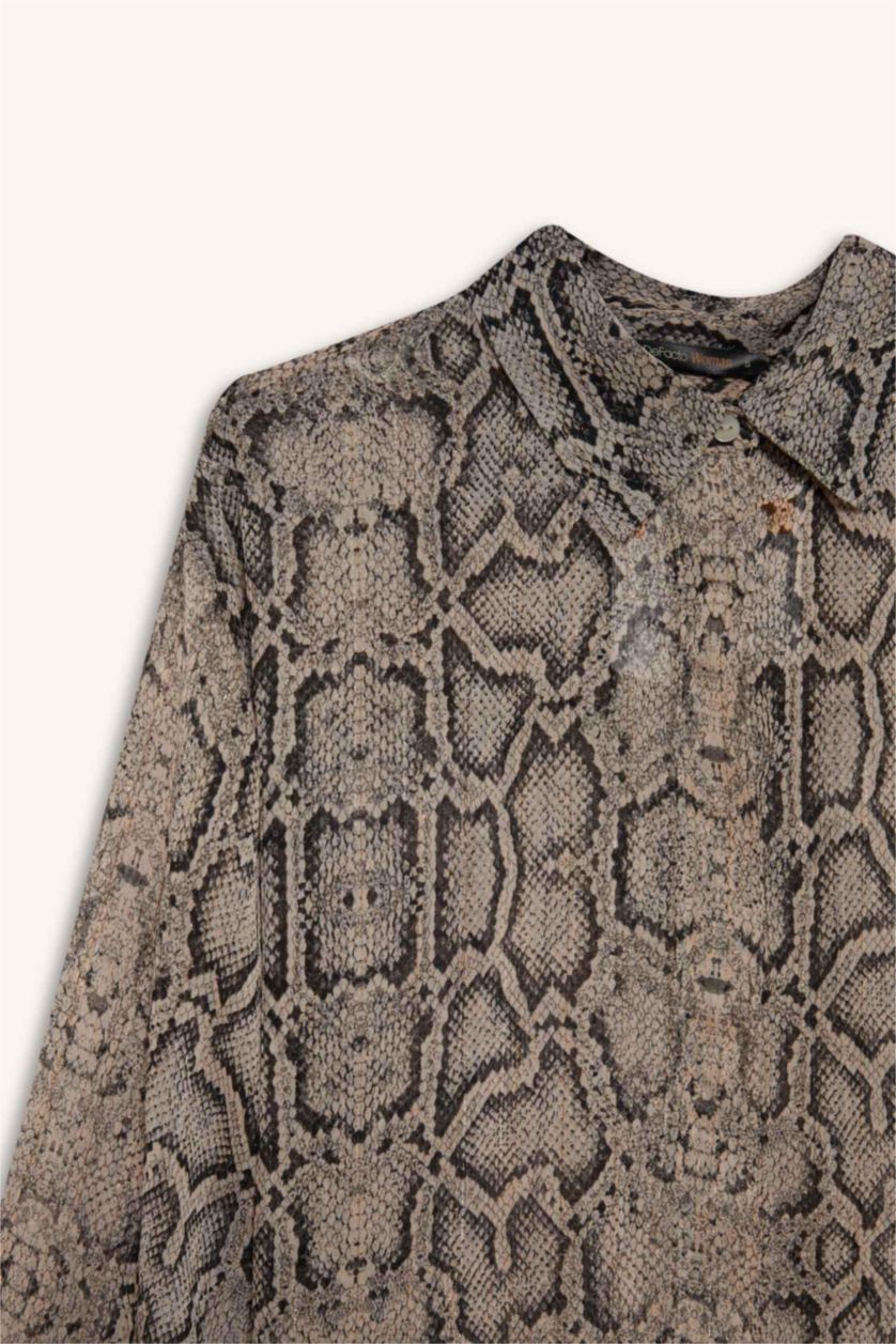 نساء أسود قميص كم طويل شيفون مطبوعة قصة عادية بياقة قميص