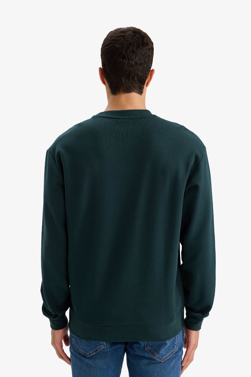 رجال أخضر غامق سويت شيرت قطن قصة عادية برقبة مستديرة