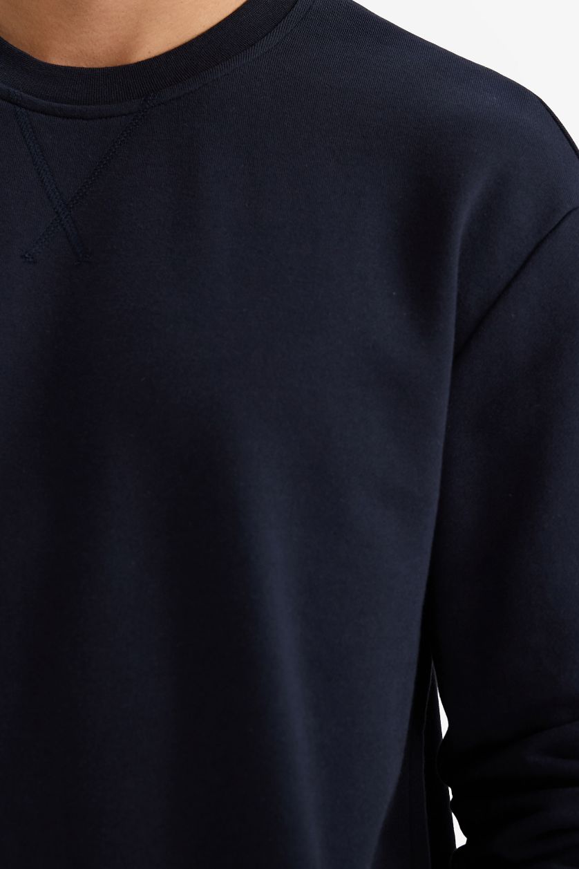 رجالي كحلي سويت شيرت بيزك قطن قصة عادية برقبة مستديرة