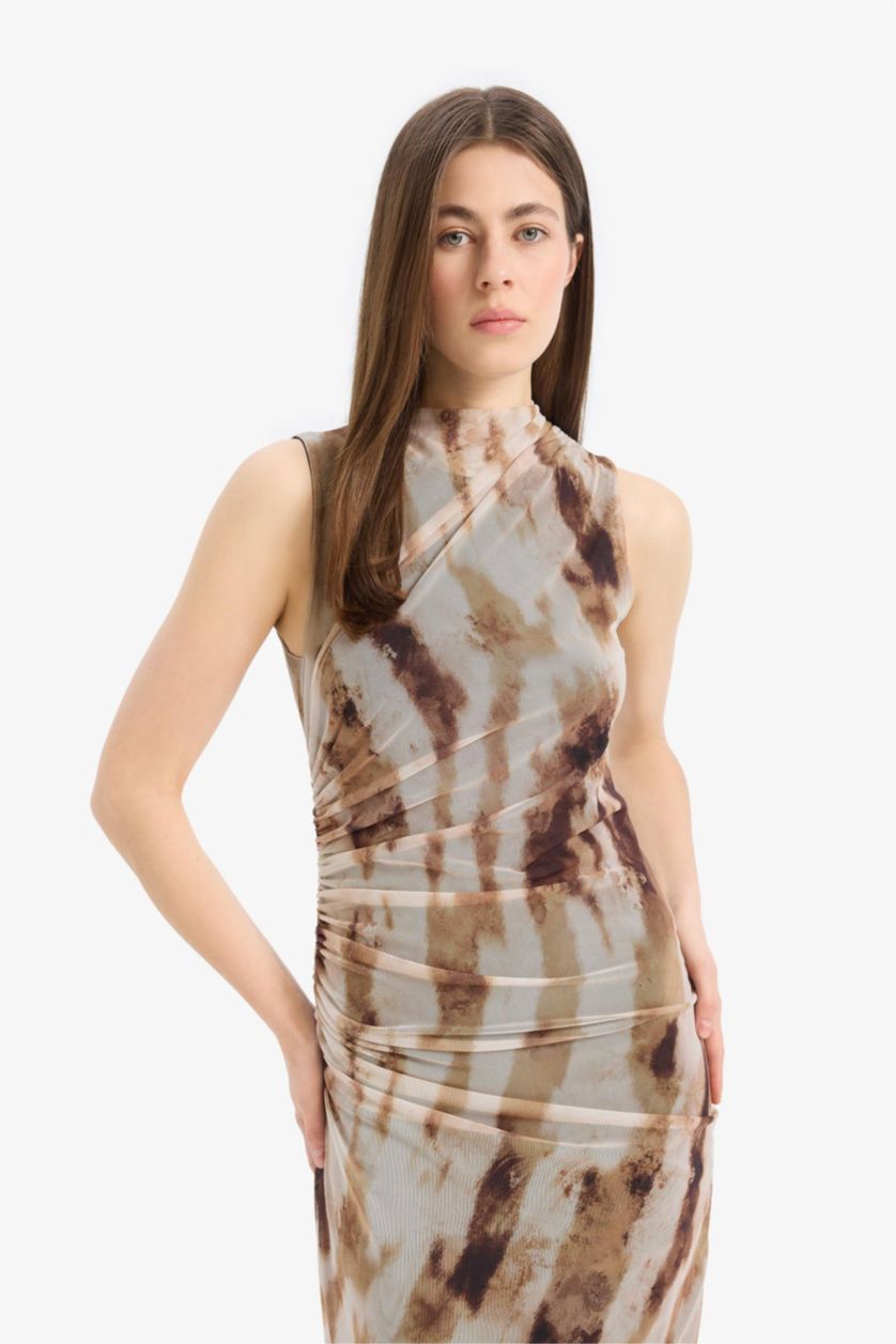 Әйелдерге Қоңыр тығыз көйлек батик жеңсіз Қысқа жеңді трикотаж көйлек