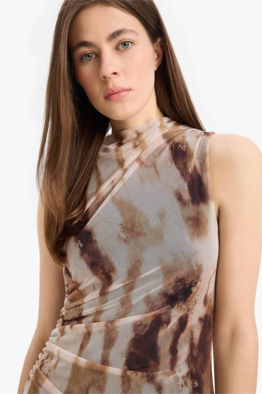 Әйелдерге Қоңыр тығыз көйлек батик жеңсіз Қысқа жеңді трикотаж көйлек